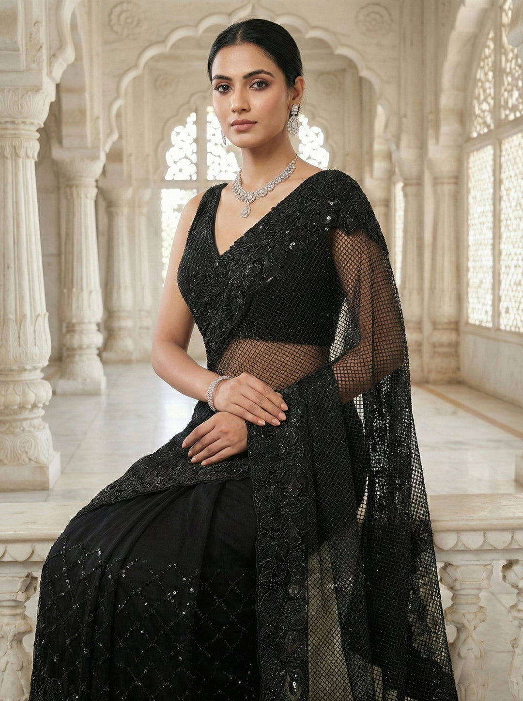 Neerus Black net embellished saree with floral sequins and beads - side view