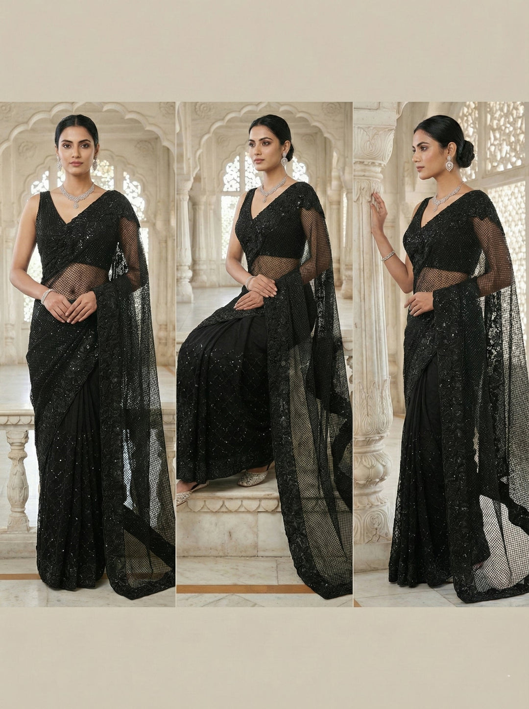 Neerus Black net embellished saree with floral sequins and beads - detail view 1