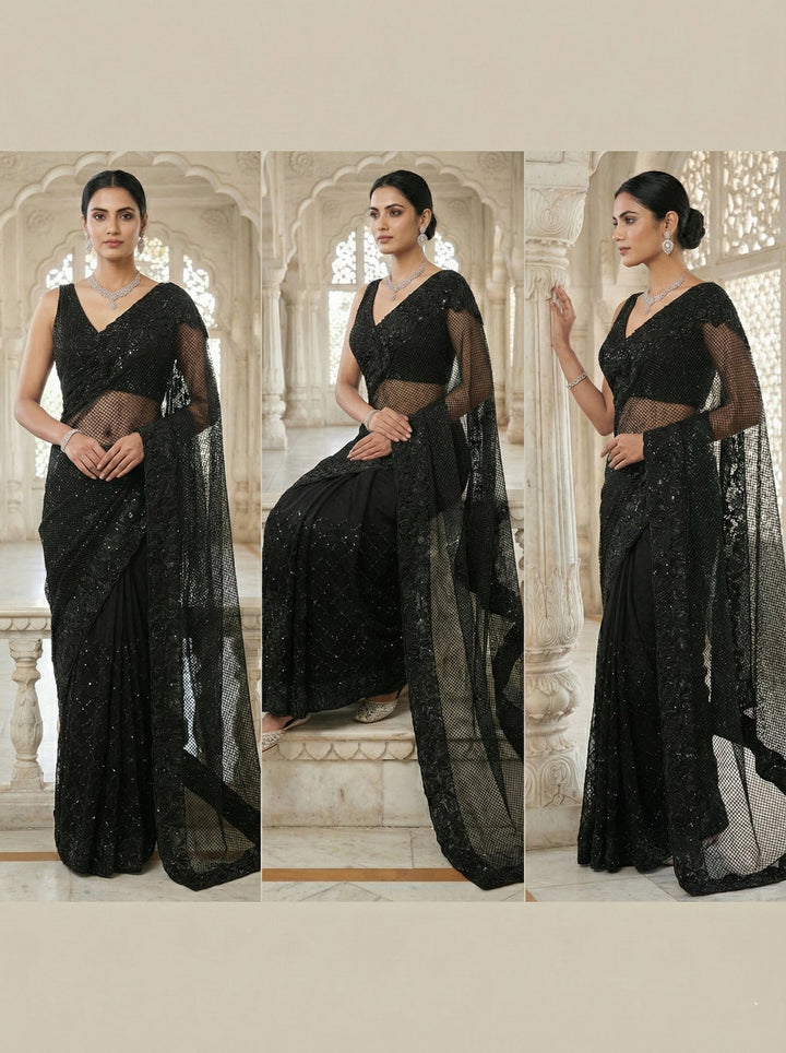 Neerus Black net embellished saree with floral sequins and beads - detail view 1