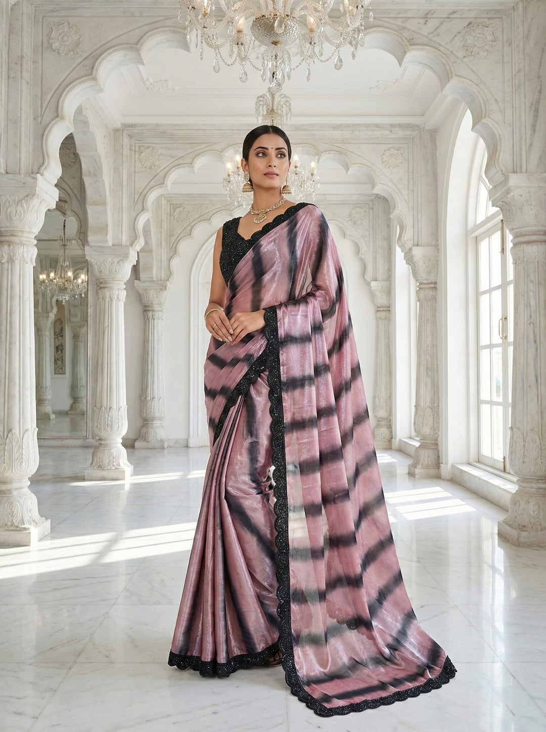 Neerus Pink silk embellished saree with readymade blouse - front view