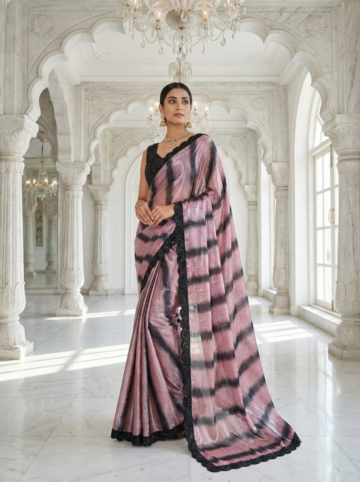 Neerus Pink silk embellished saree with readymade blouse - front view
