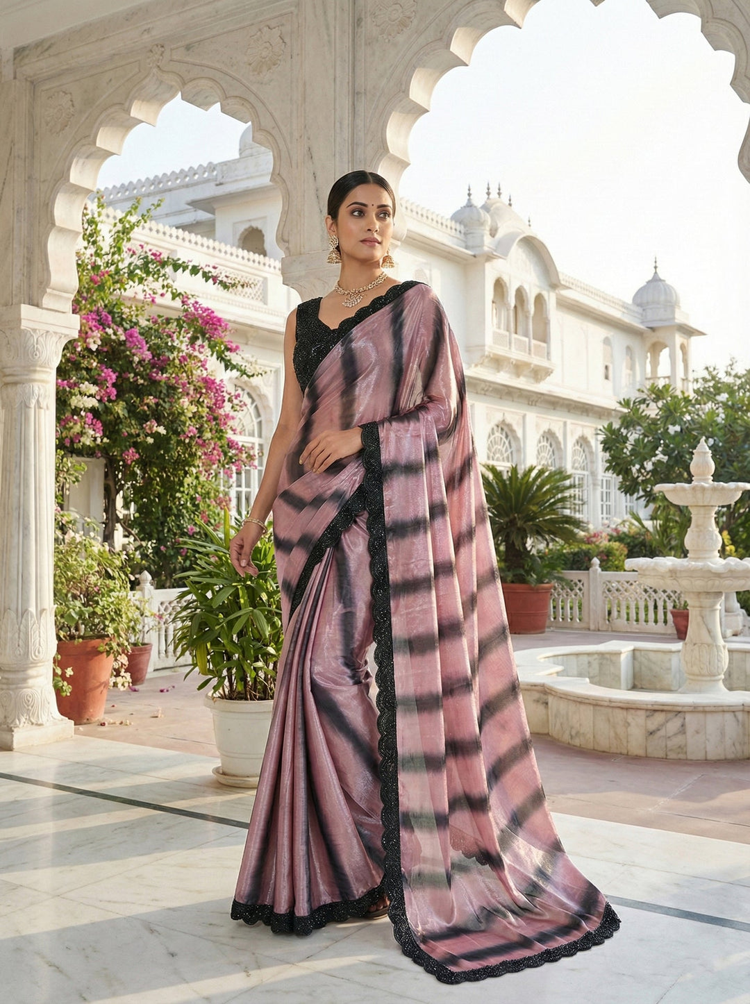 Neerus Pink silk embellished saree with readymade blouse - back view