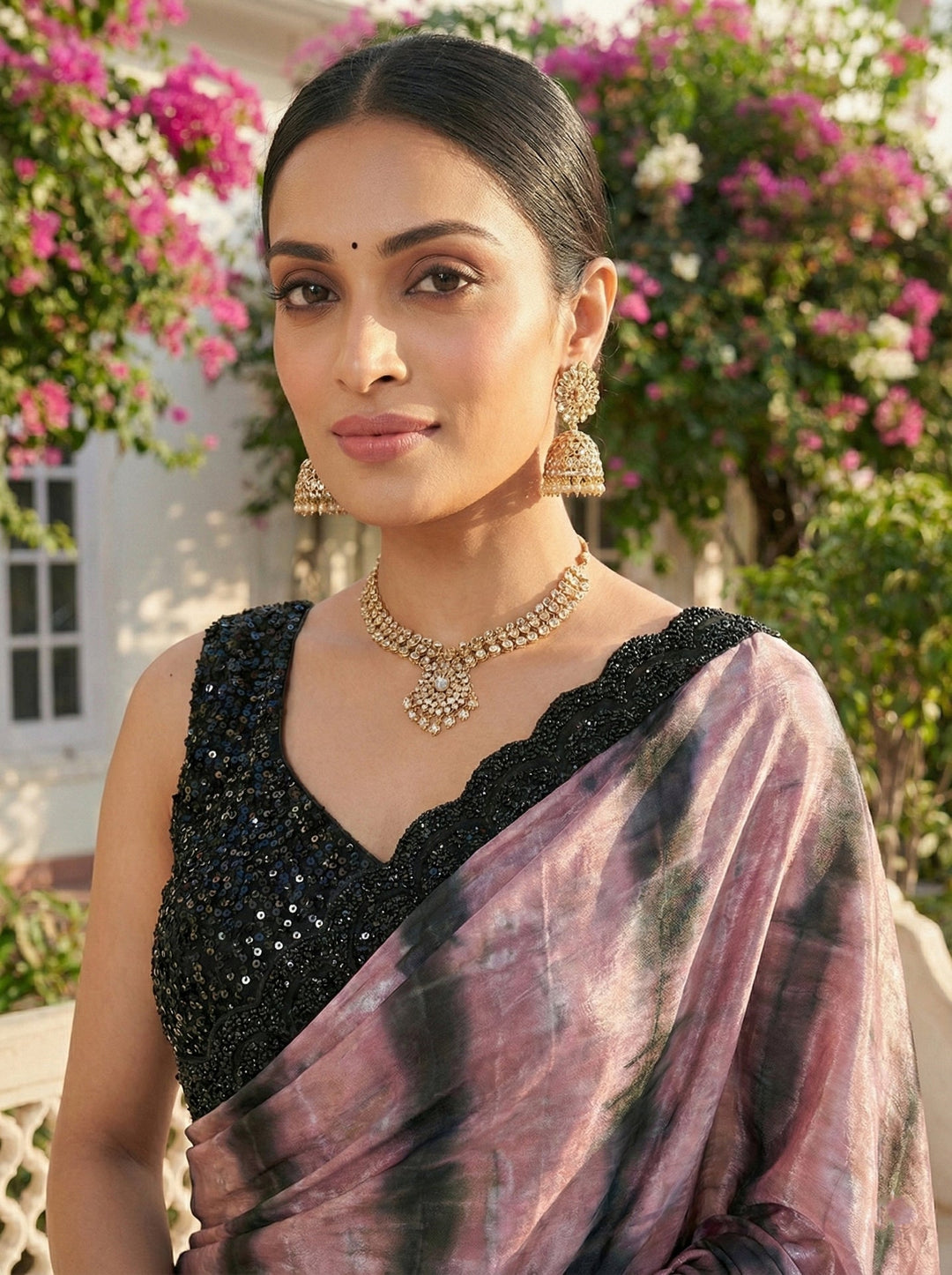 Neerus Pink silk embellished saree with readymade blouse - side view