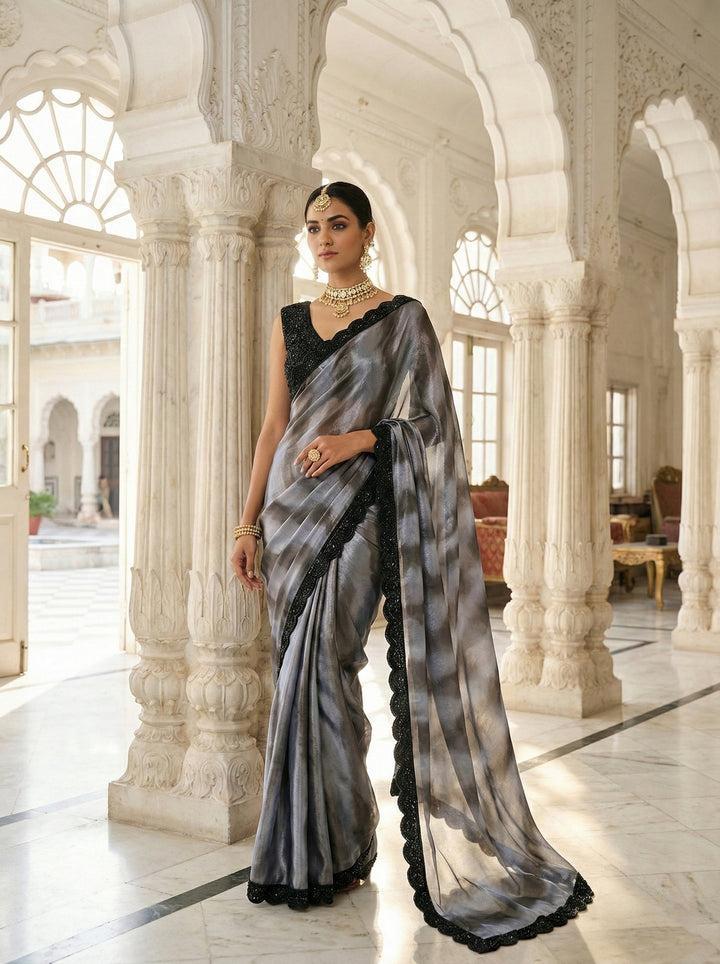 Neerus Blue silk embellished saree with readymade blouse - front view