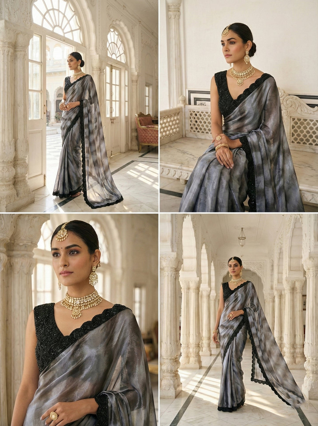 Neerus Blue silk embellished saree with readymade blouse - back view