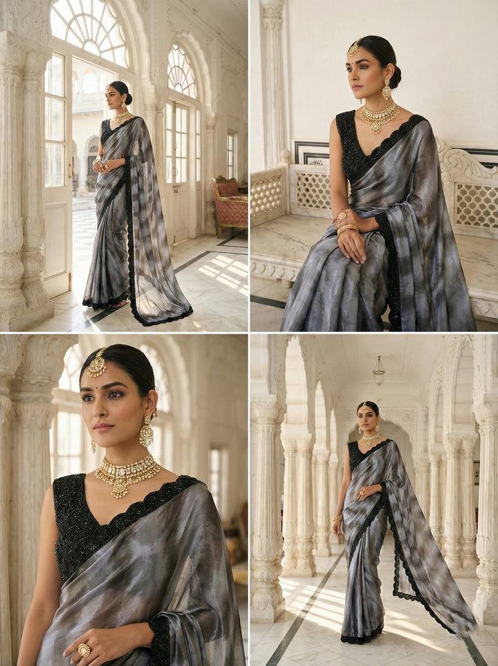 Neerus Blue silk embellished saree with readymade blouse - back view