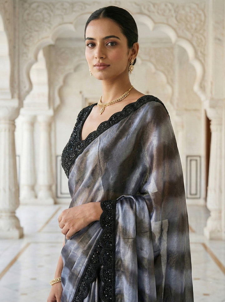 Neerus Blue silk embellished saree with readymade blouse - detail view 1