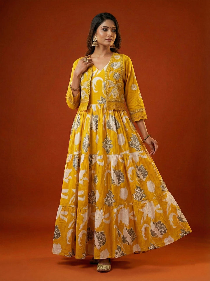 Neerus Yellow cotton digital printed maxi dress - back view