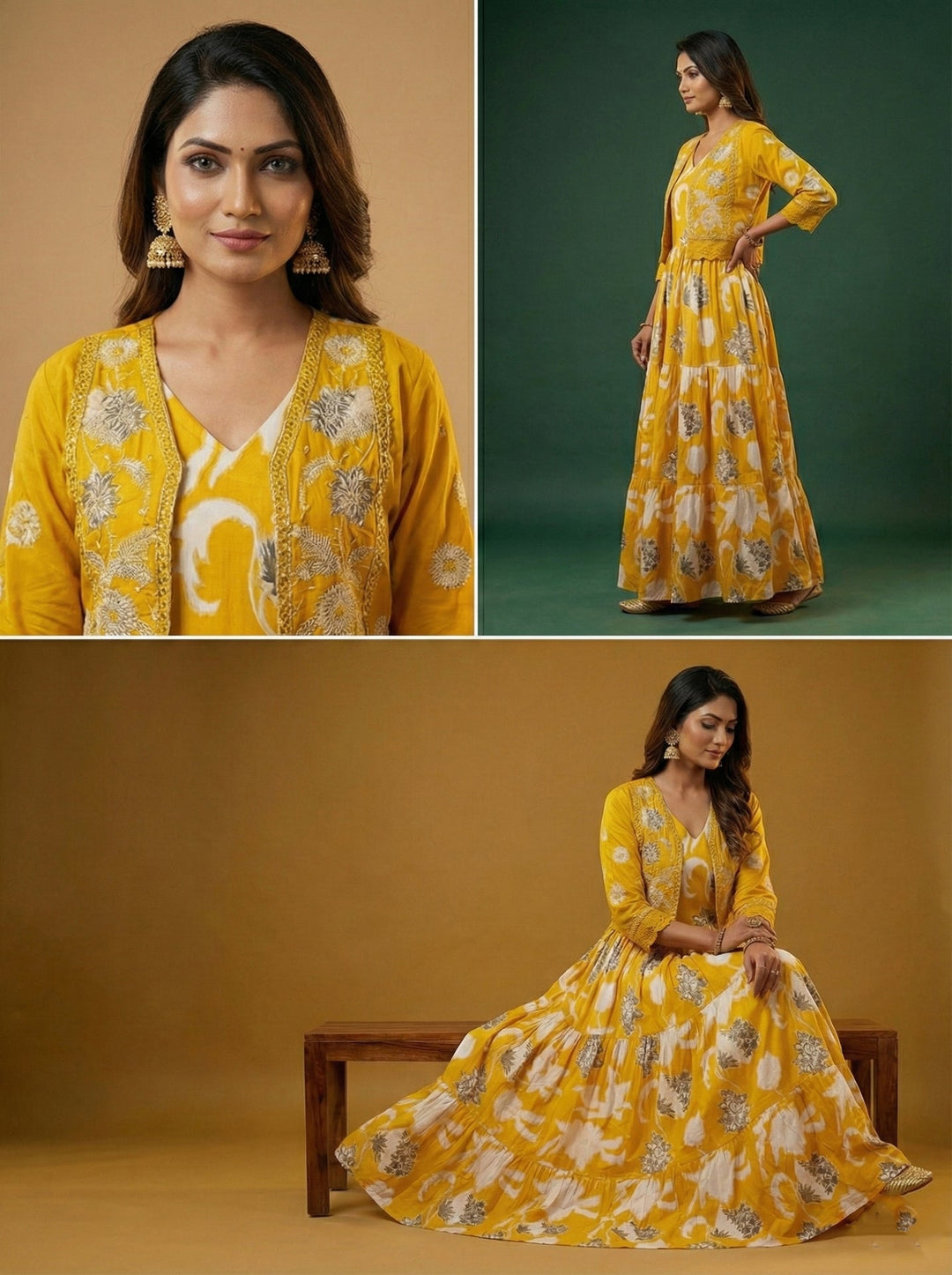Neerus Yellow cotton digital printed maxi dress - detail view 2