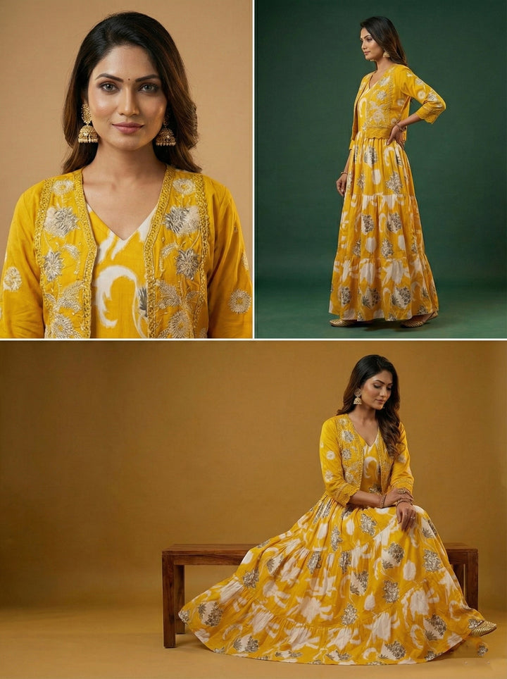 Neerus Yellow cotton digital printed maxi dress - detail view 2
