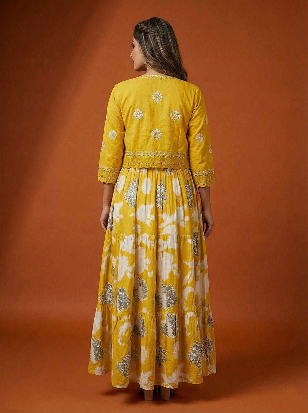 Neerus Yellow cotton digital printed maxi dress - side view
