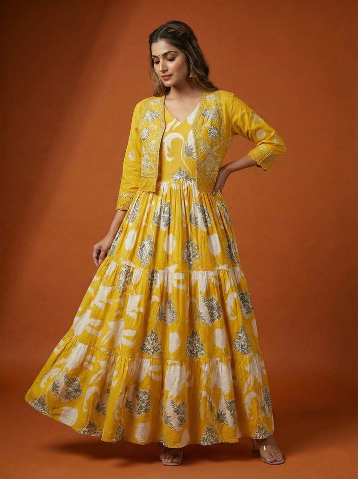 Neerus Yellow cotton digital printed maxi dress - detail view 1