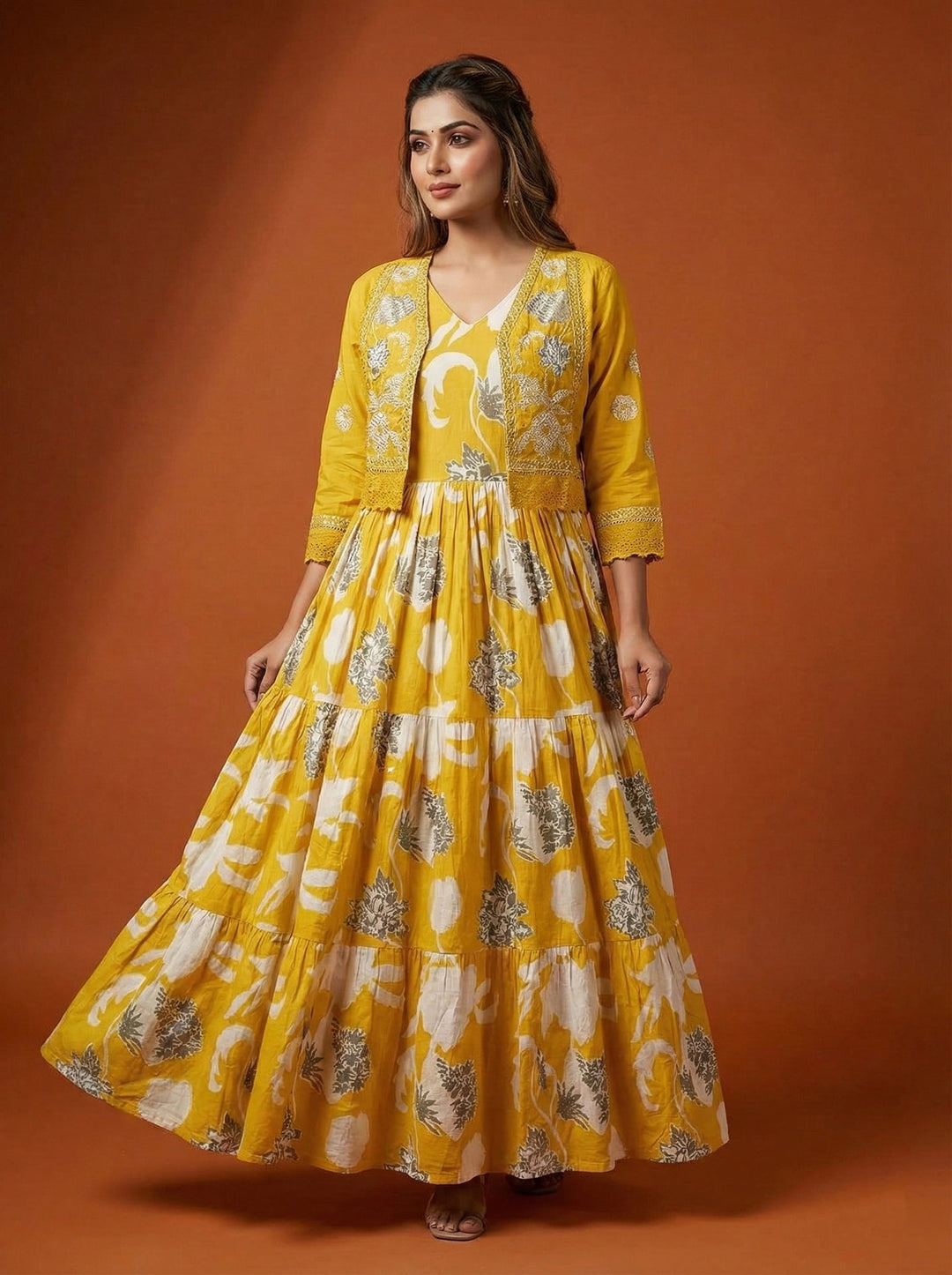 Neerus Yellow cotton digital printed maxi dress - front view