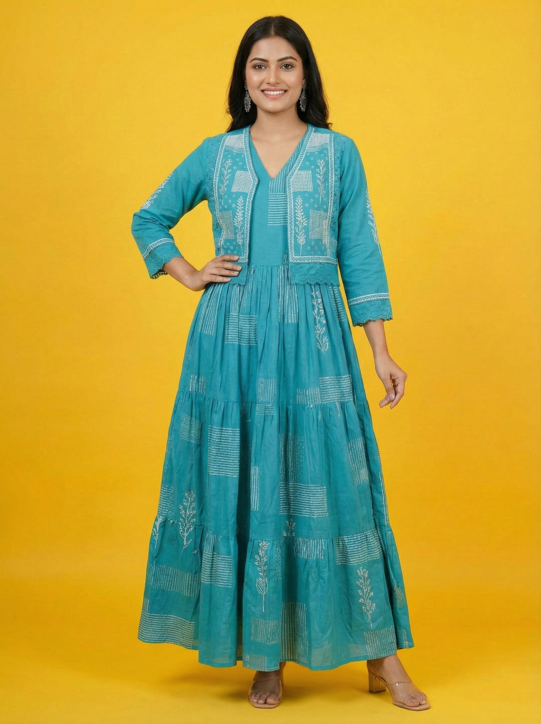 Neerus Blue cotton digital printed maxi dress - front view