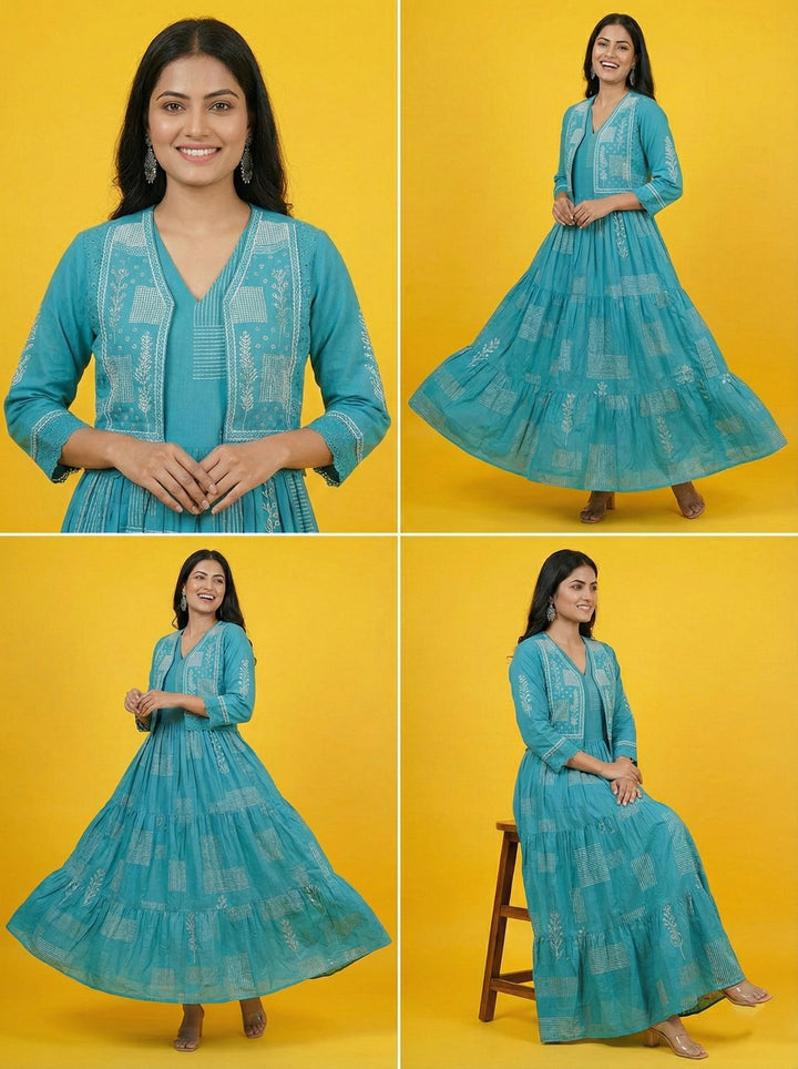 Neerus Blue cotton digital printed maxi dress - side view