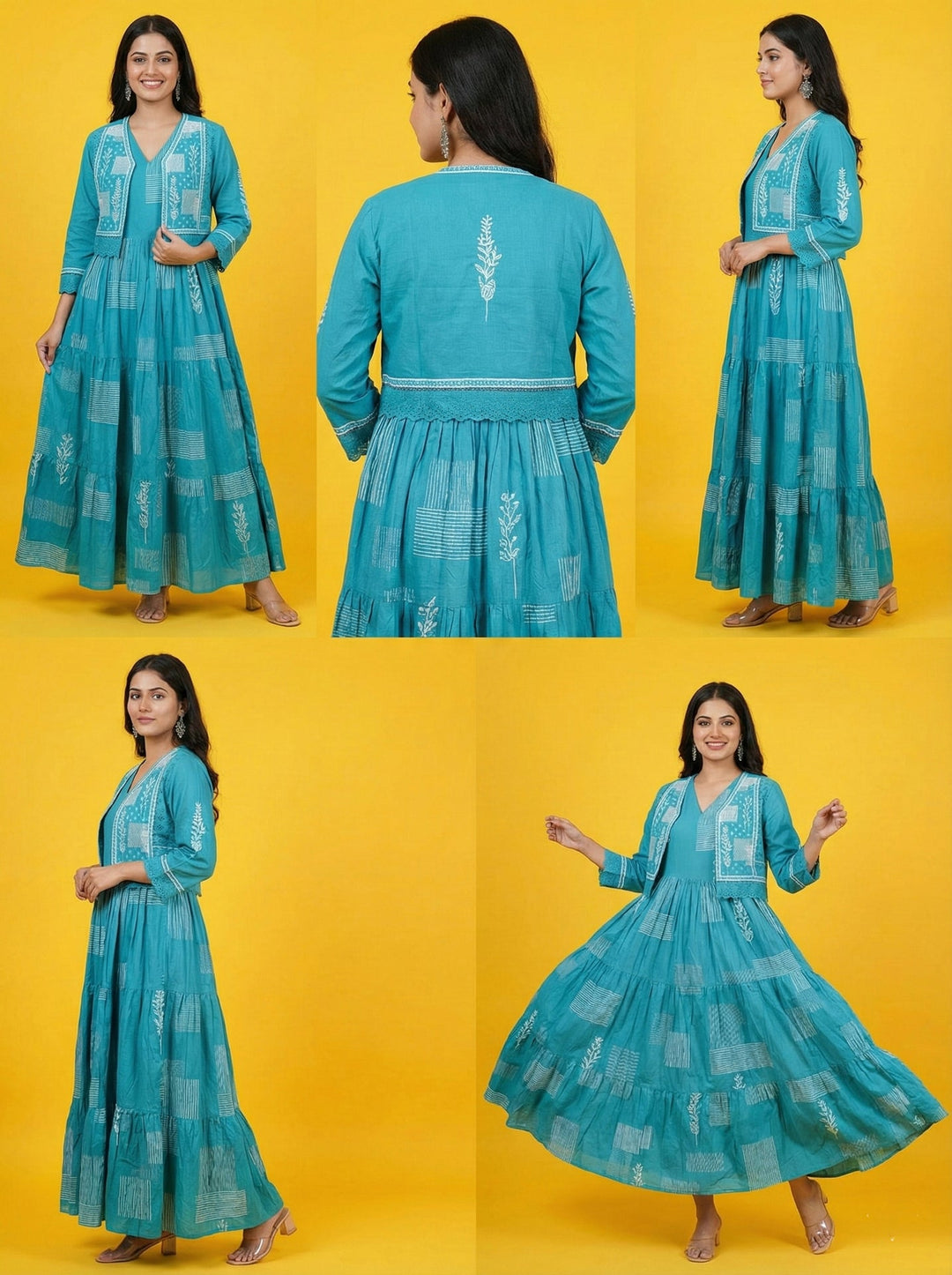 Neerus Blue cotton digital printed maxi dress - detail view 1