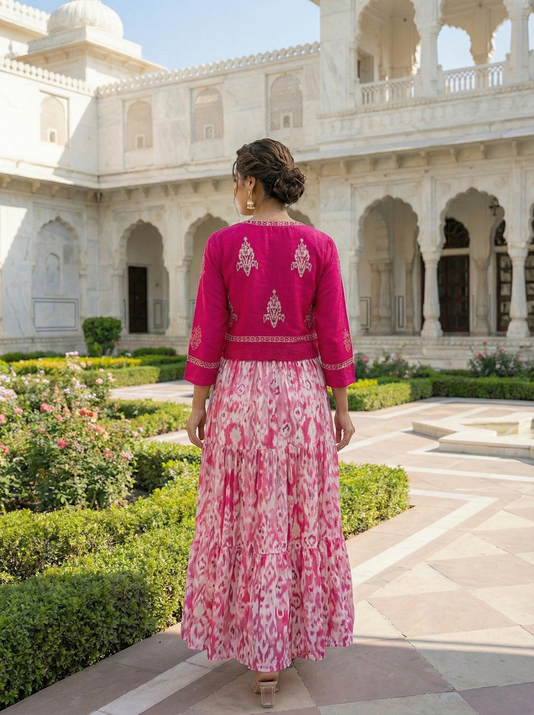Neerus Pink cotton digital printed maxi dress - back view