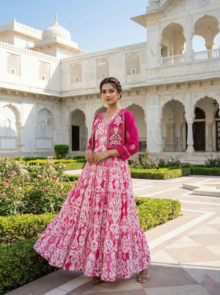 Neerus Pink cotton digital printed maxi dress - front view