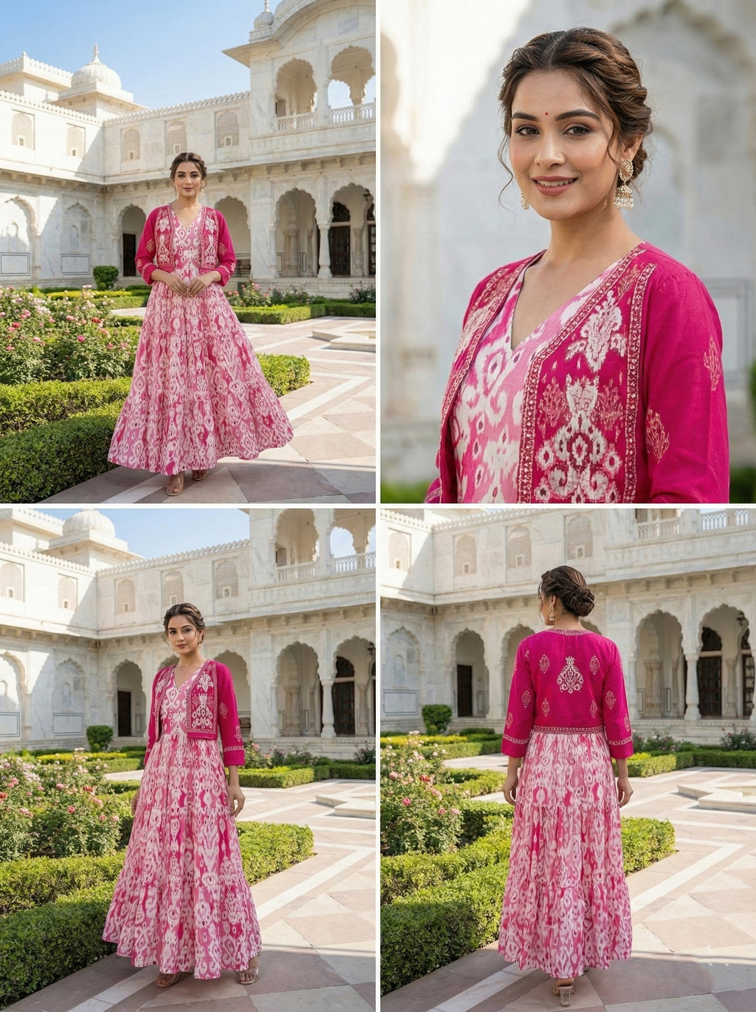 Neerus Pink cotton digital printed maxi dress - side view