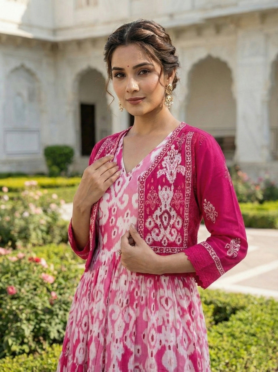 Neerus Pink cotton digital printed maxi dress - detail view 1