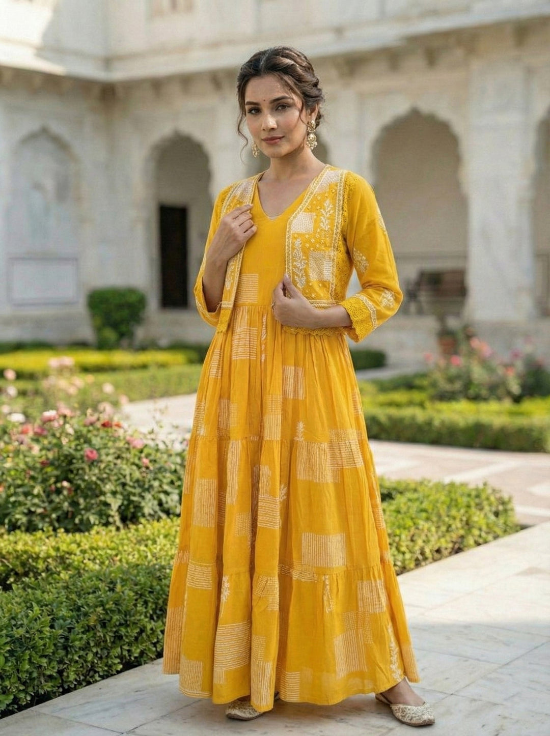 Neerus Yellow cotton digital printed maxi dress - front view