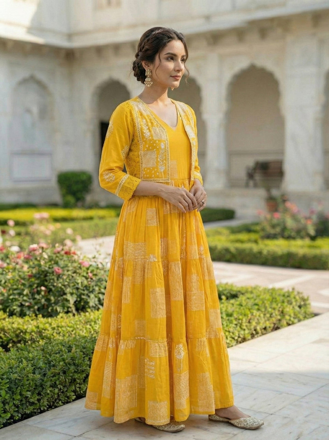 Neerus Yellow cotton digital printed maxi dress - back view