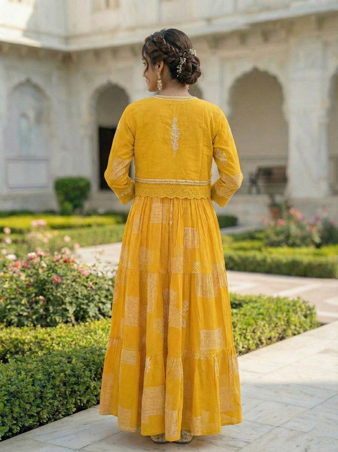 Neerus Yellow cotton digital printed maxi dress - side view