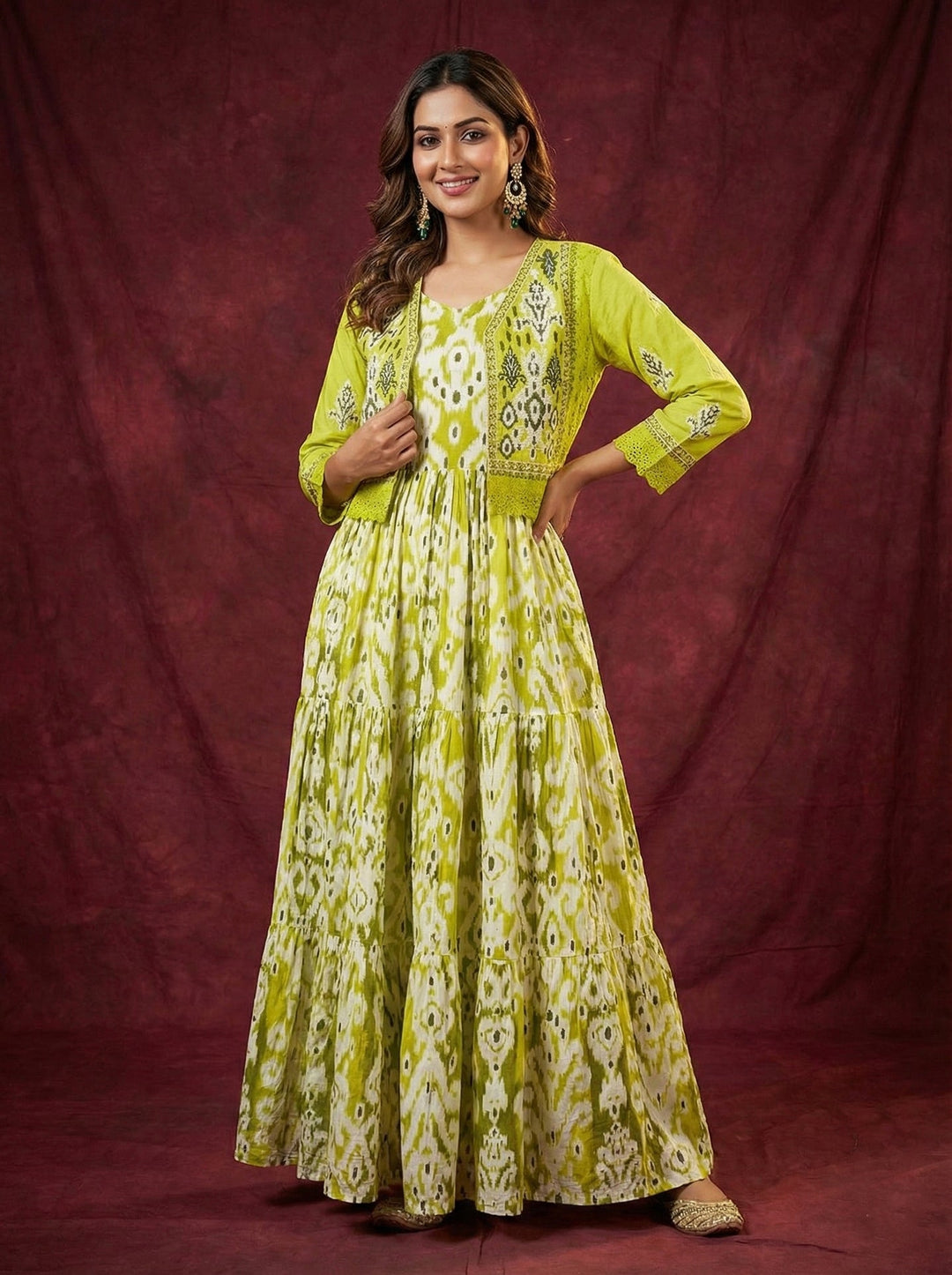 Neerus Green cotton digital printed maxi dress - front view