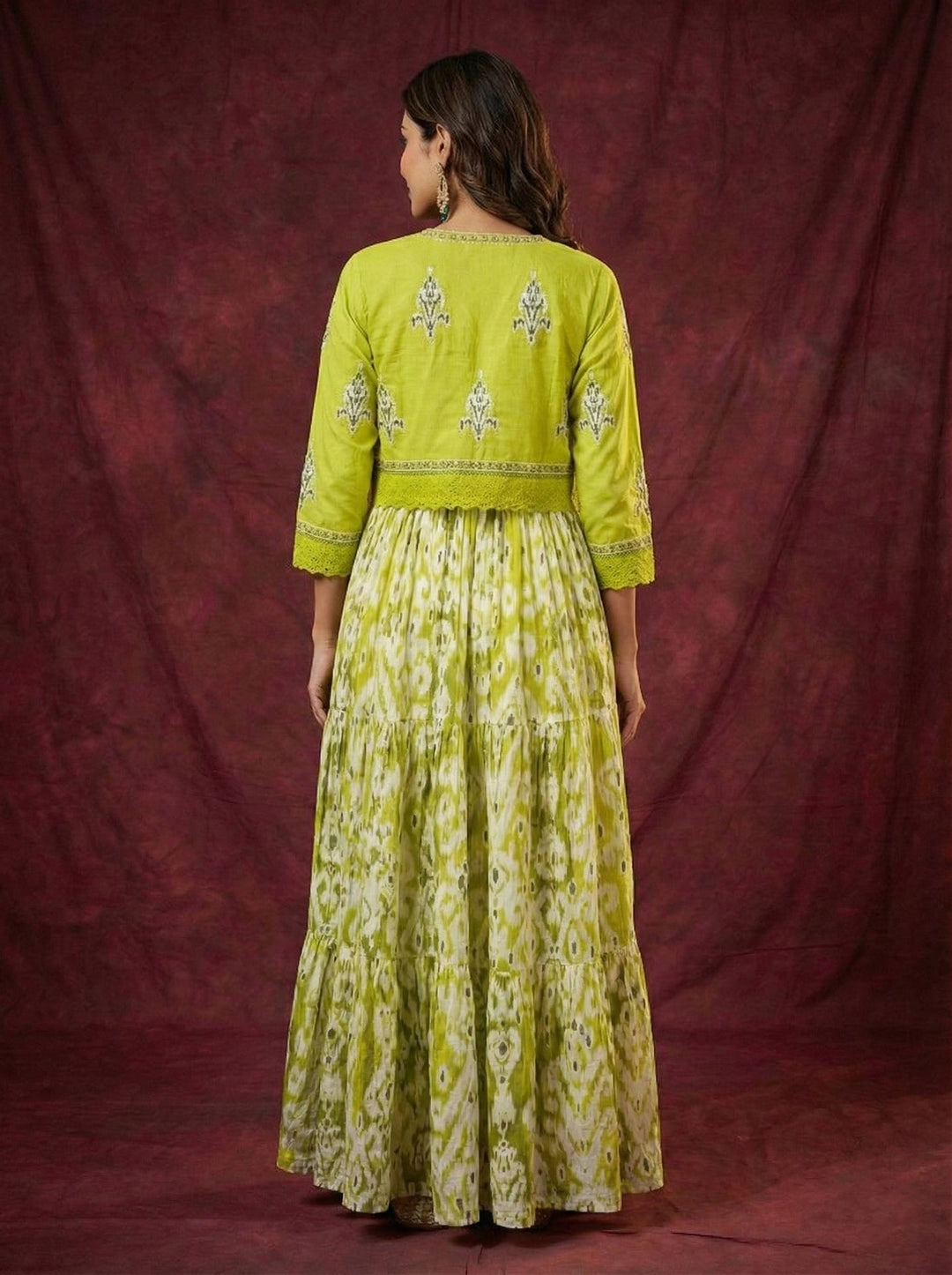 Neerus Green cotton digital printed maxi dress - back view
