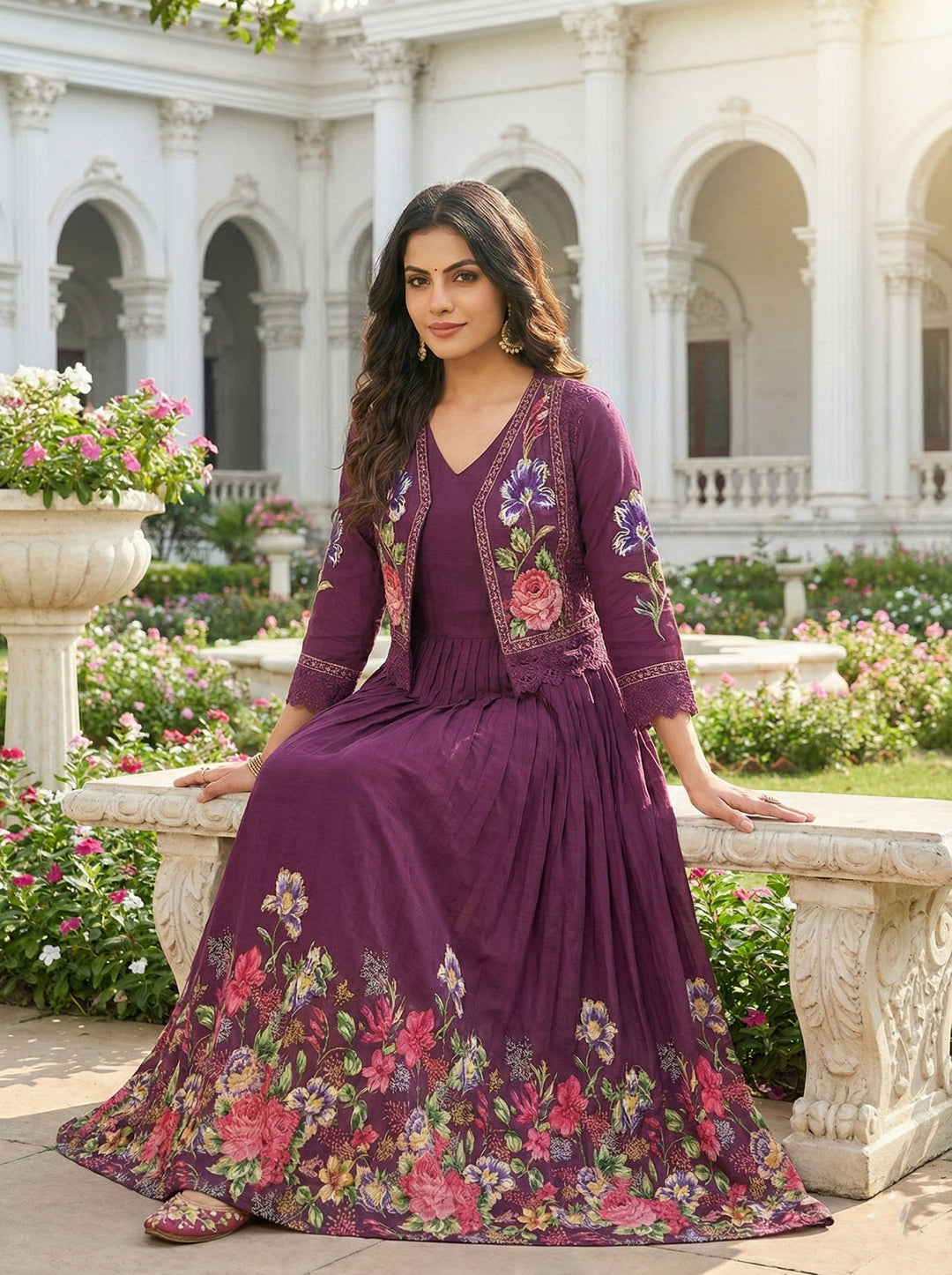 Neerus Maroon cotton digital printed maxi dress - front view