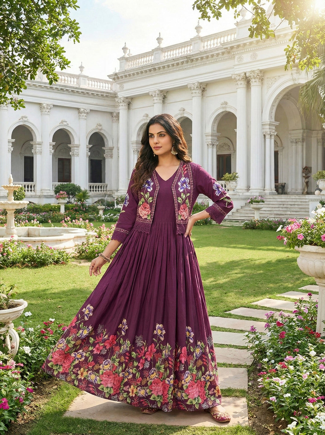 Neerus Maroon cotton digital printed maxi dress - back view