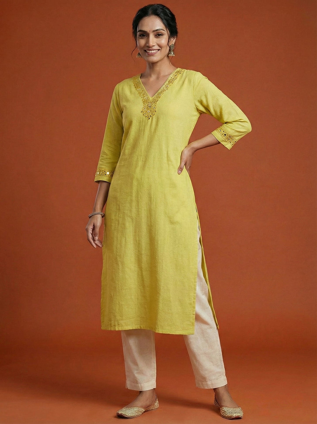 Neerus Yellow rayon solid kurti - detail view 1