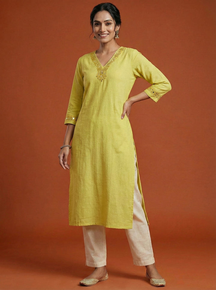 Neerus Yellow rayon solid kurti - detail view 1