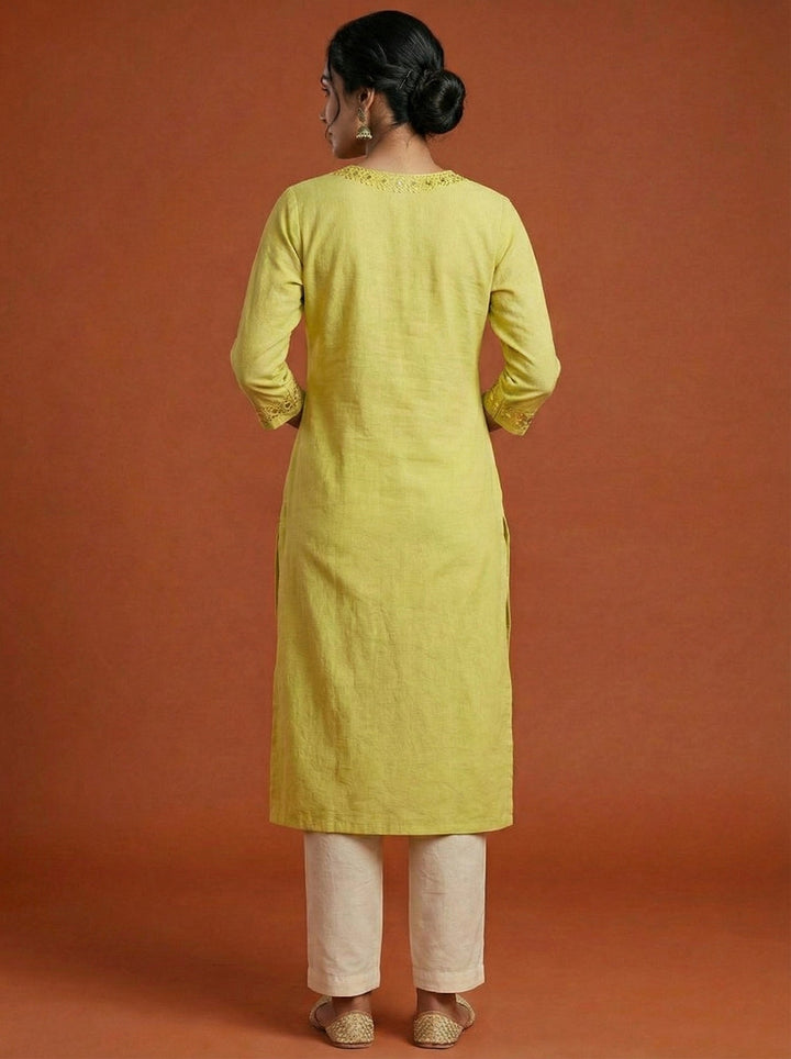 Neerus Yellow rayon solid kurti - side view