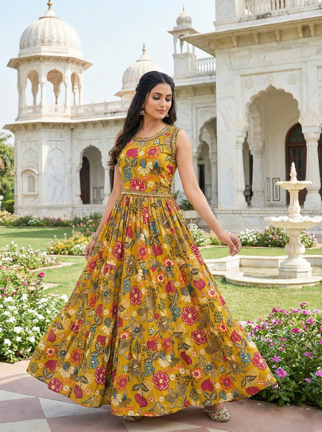 Neerus Yellow Rayon Digital Printed Maxi Dress - front view