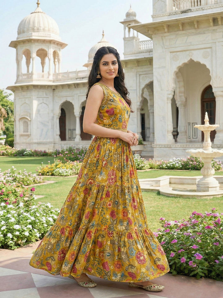Neerus Yellow Rayon Digital Printed Maxi Dress - detail view 1