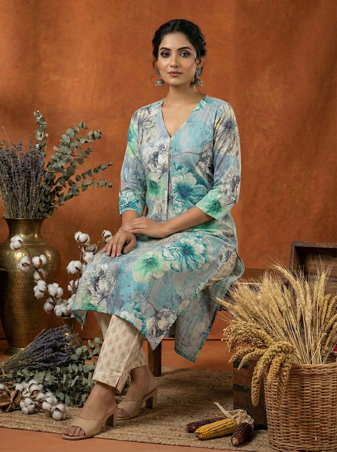 Neerus Blue Rayon Digital Printed Kurti - back view