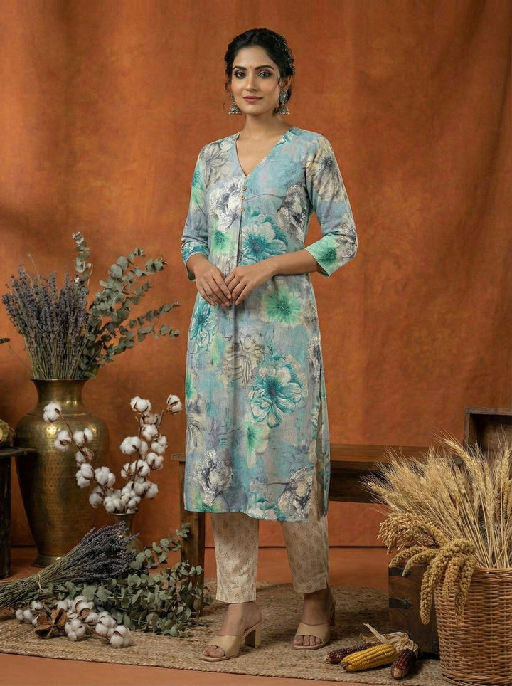 Neerus Blue Rayon Digital Printed Kurti - front view