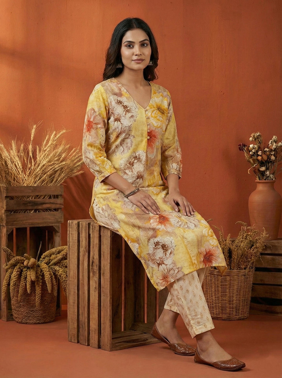 Neerus Yellow rayon digital printed kurti - front view