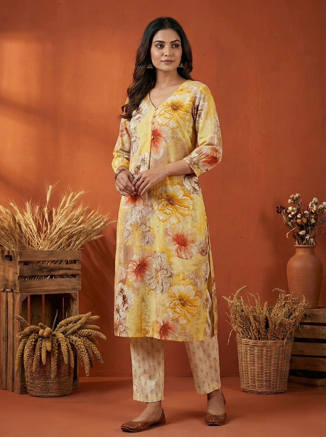 Neerus Yellow rayon digital printed kurti - back view
