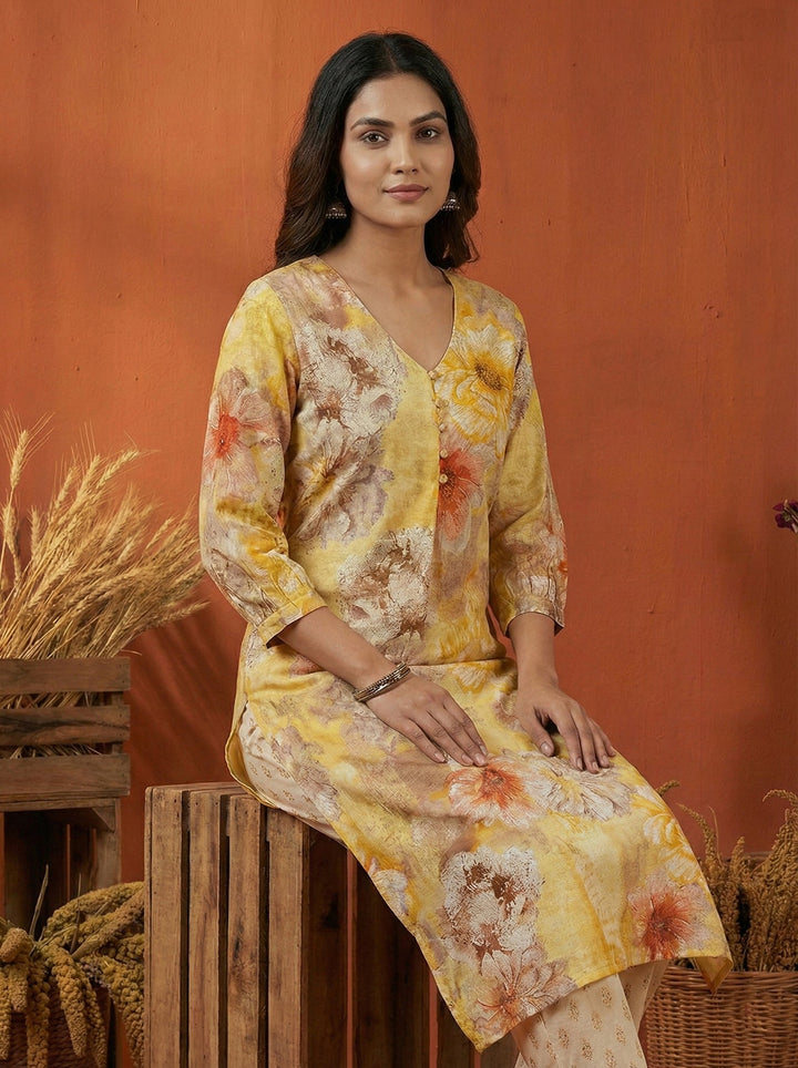 Neerus Yellow rayon digital printed kurti - side view