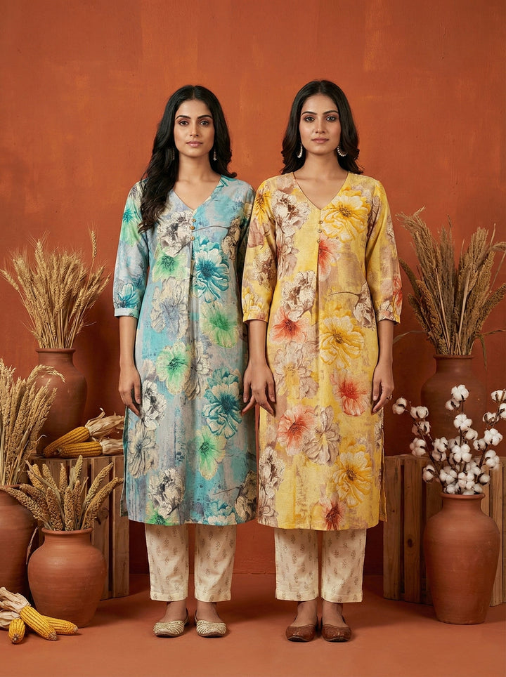 Neerus Blue Rayon Digital Printed Kurti - detail view 1