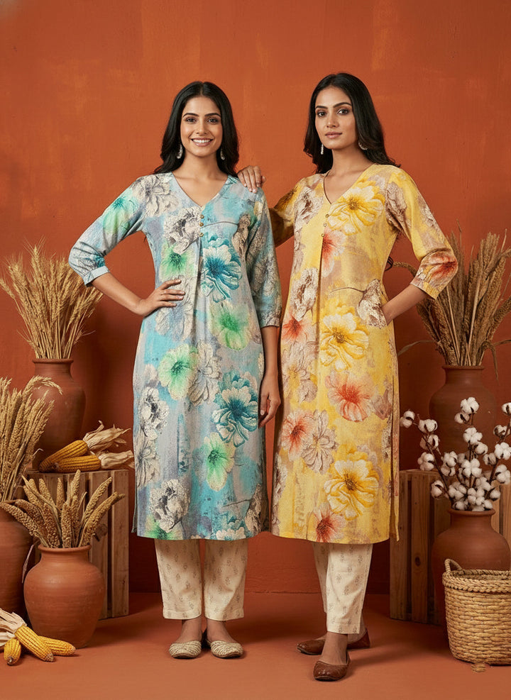 Neerus Yellow rayon digital printed kurti - detail view 2