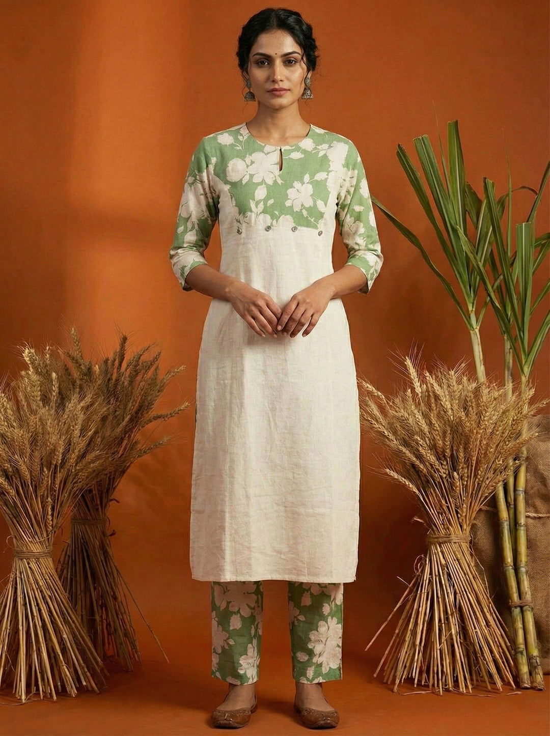 Neerus Green cotton printed suit set - front view