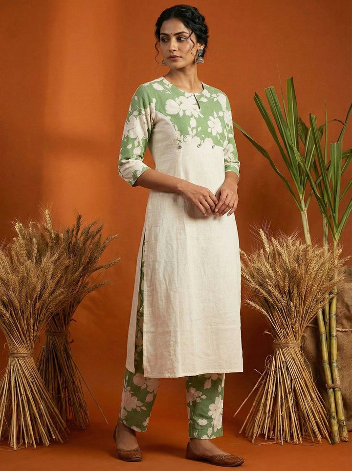 Neerus Green cotton printed suit set - back view