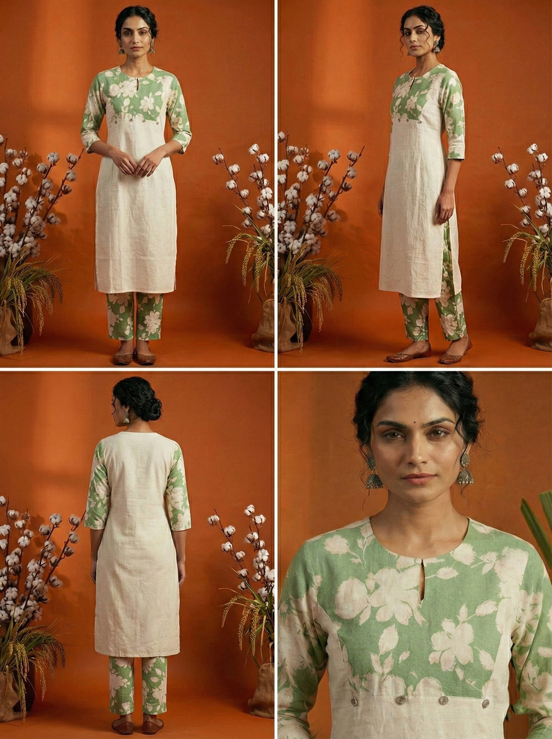 Neerus Green cotton printed suit set - detail view 2