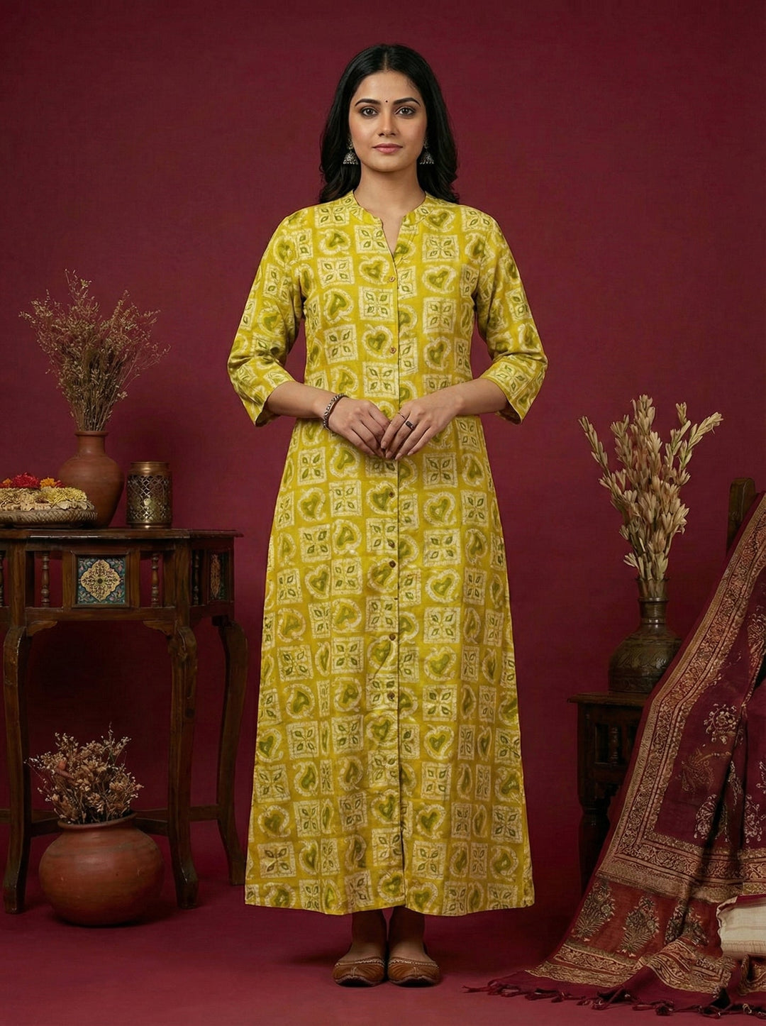 Neerus Green silk digital printed kurta - front view