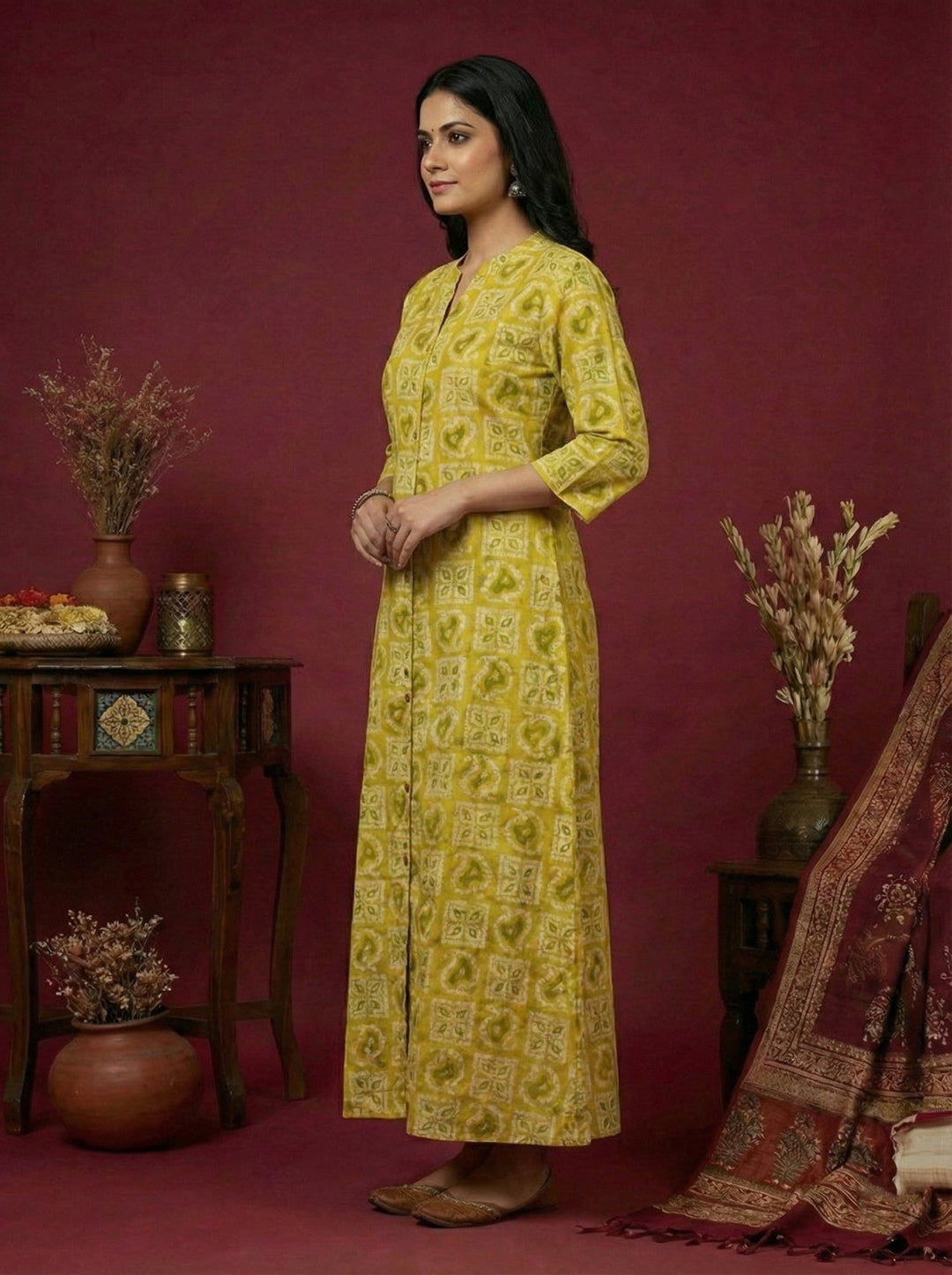 Neerus Green silk digital printed kurta - back view