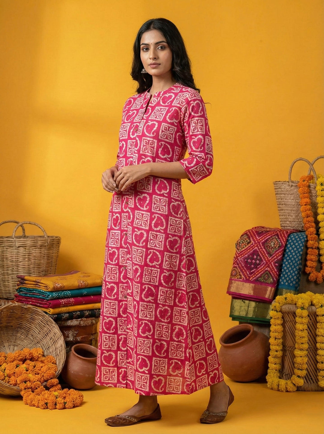 Neerus Pink silk digital printed kurta - back view