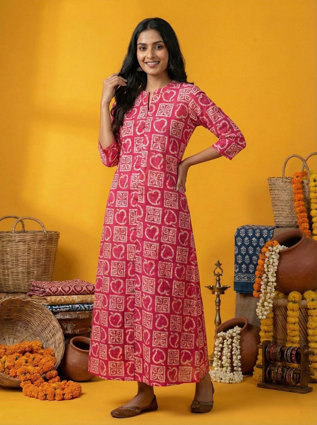Neerus Pink silk digital printed kurta - front view